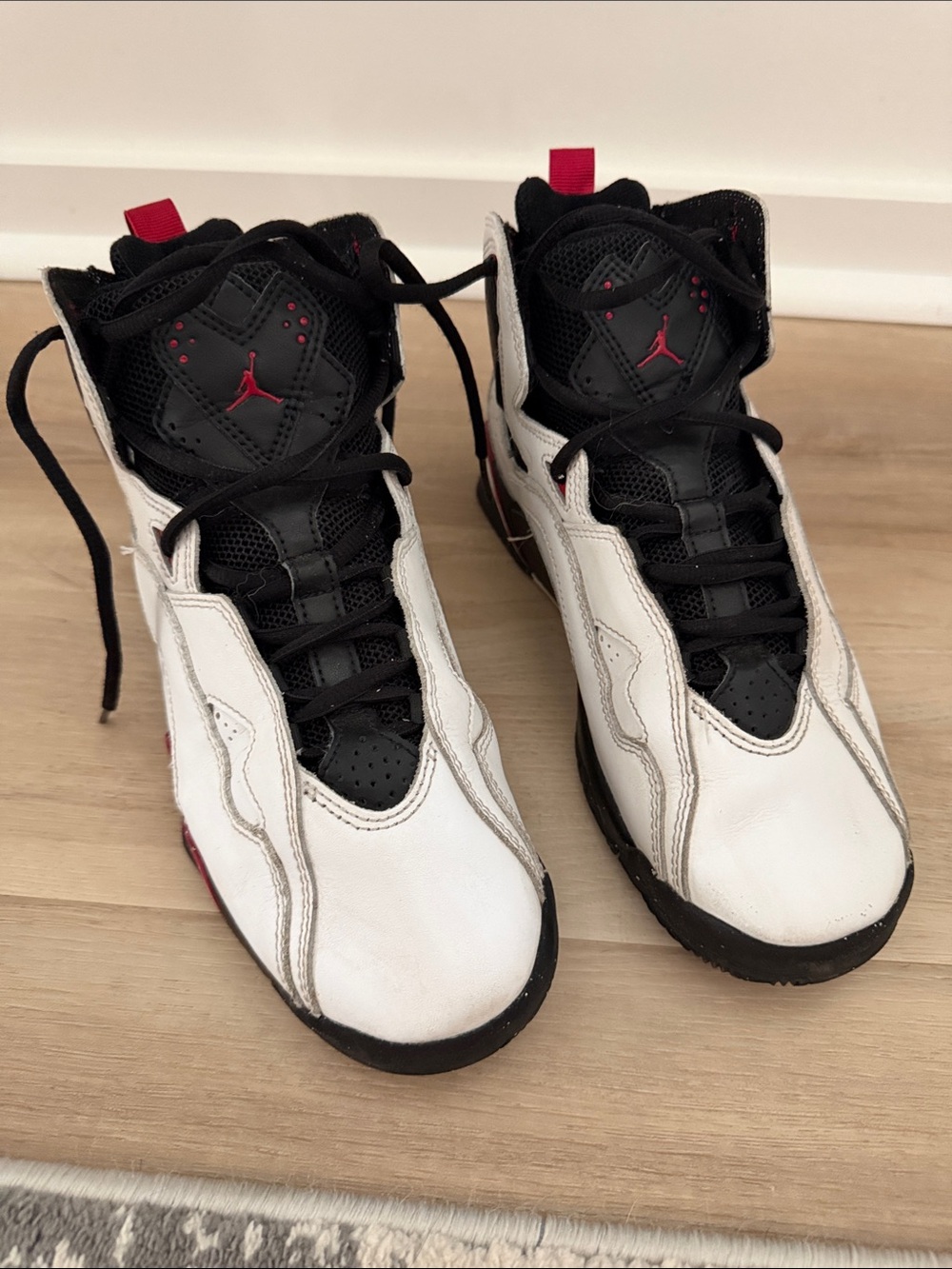 Jordan True Flight GS “Cardinal” High-Top Sneakers in White, Black & Red Accents